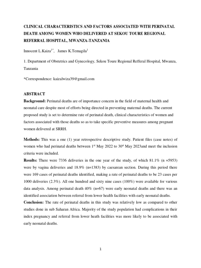 Clinical Characteristics and Factors Associated With Perinatal Death ...