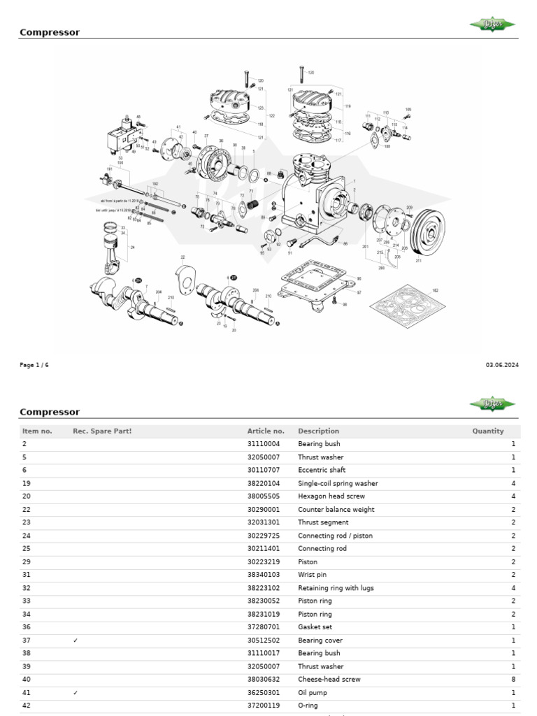 Compressor Spare Parts List | PDF | Piston | Electrical Connector