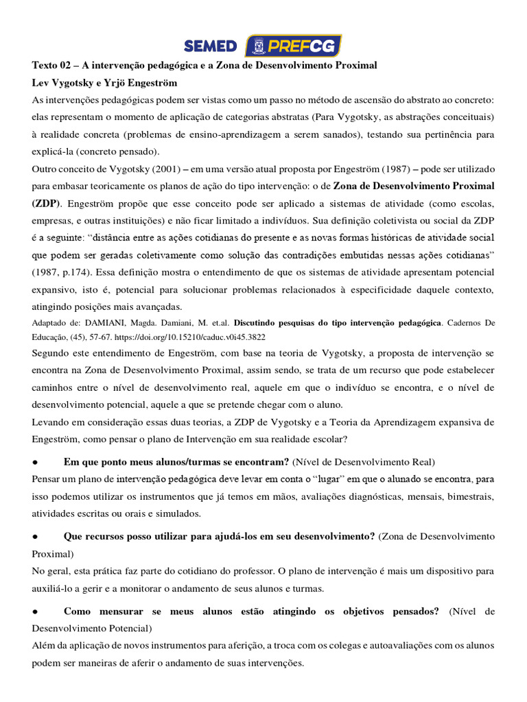 Intervenção Pedagógica e ZDP de Vygotsky | PDF | Pedagogia | Sociologia