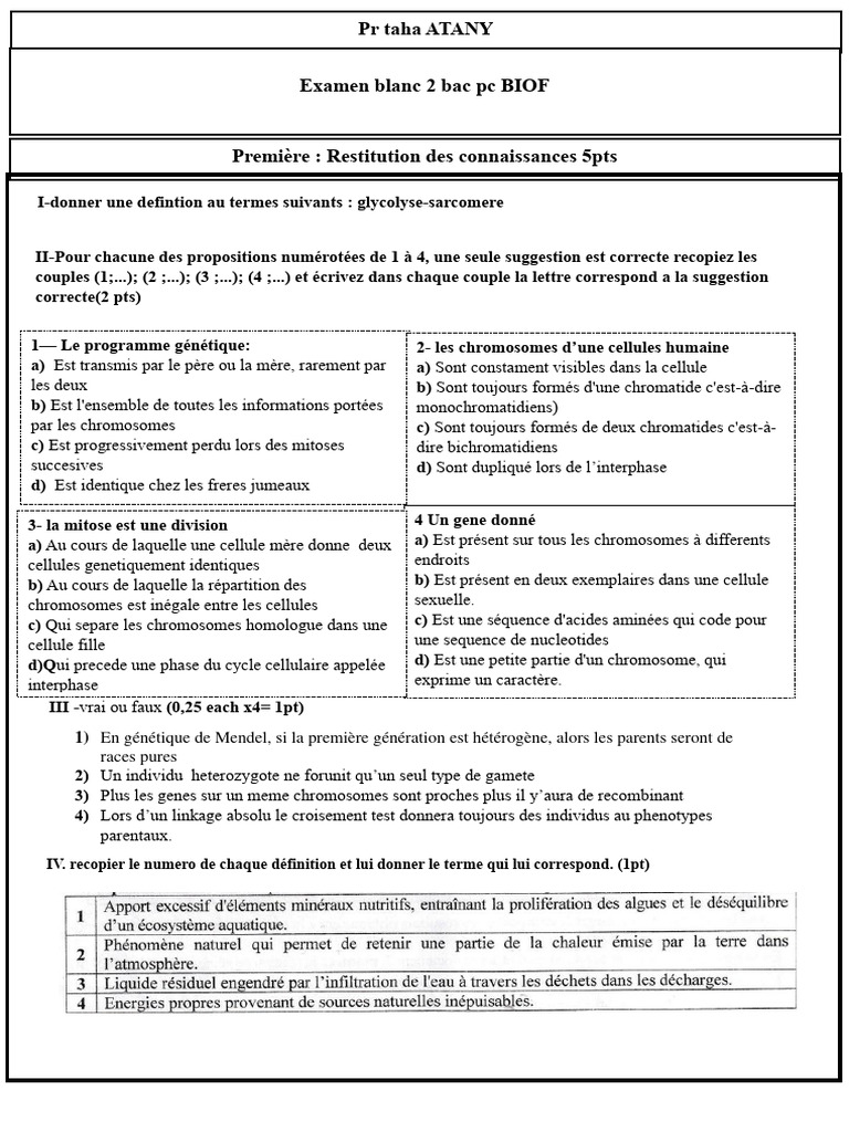 Examen blanc 2 Bac PC BIOF | PDF | Muscle | Gène
