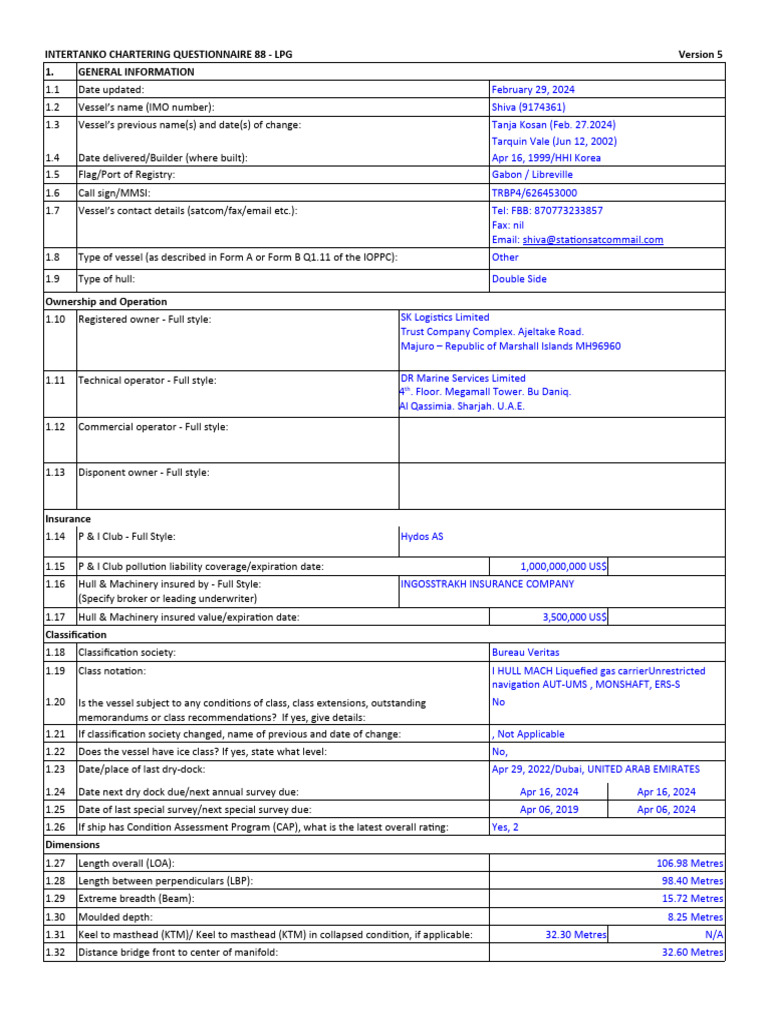 INTERCARGO Q88 LPG Questionnaire 2024 | PDF | Marine Propulsion | Tonnage