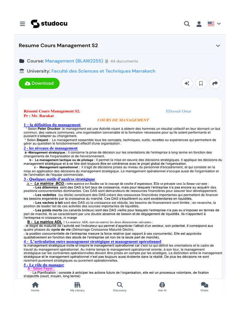 Résumé Cours de Management S2 | PDF | Gestion stratégique | Économie