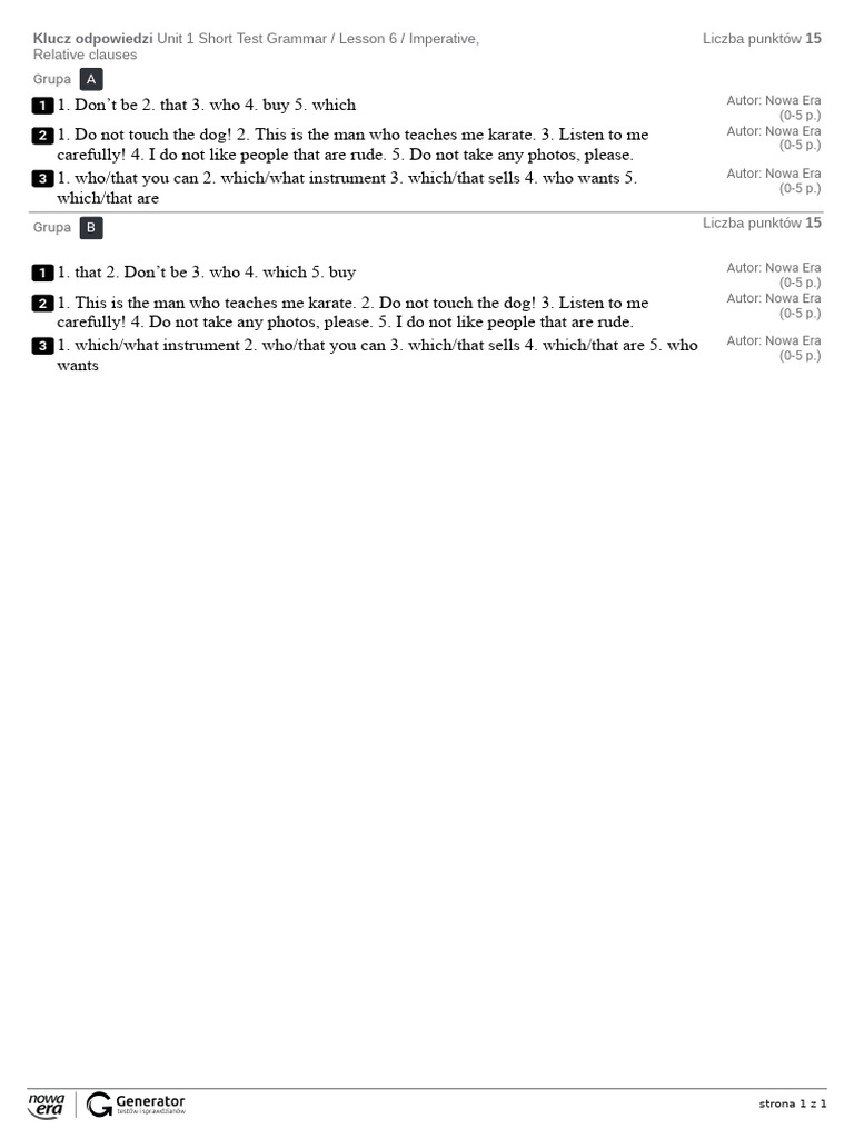 Nowa Grammar: Unit 1 Test Answers | PDF | Language Arts & Discipline