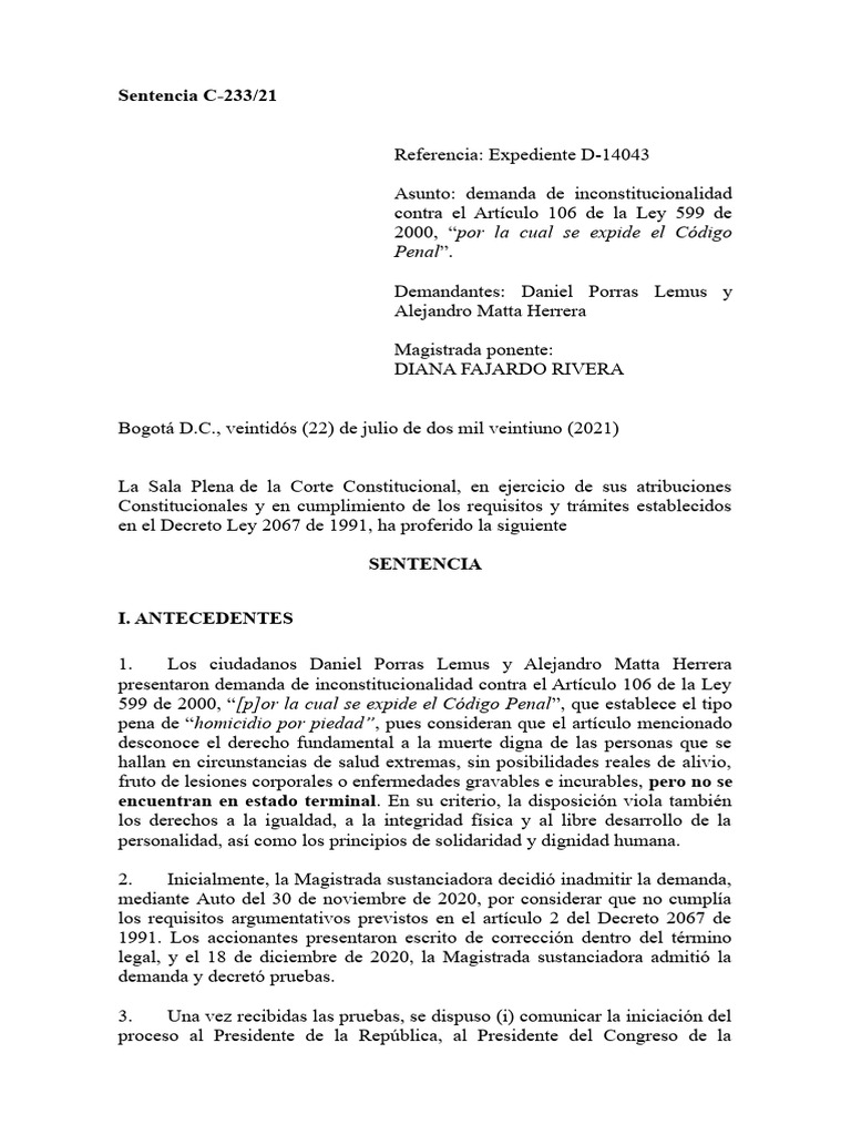 C-233-21.rtf eutanasia | PDF | Cuidados paliativos | Dignidad
