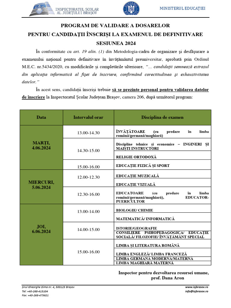 Program VALIDARE Definitivat 2024 | PDF