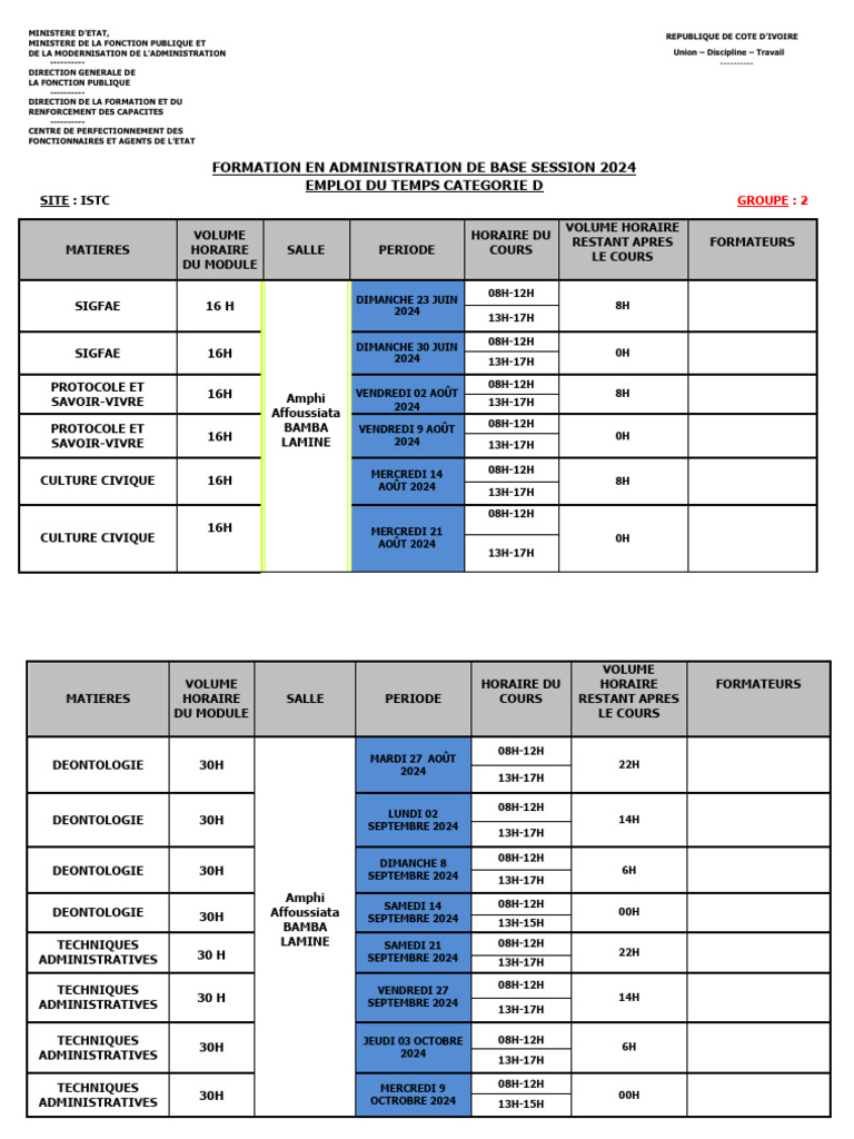 Emploi du temps formation 2024 Fonction publique | PDF