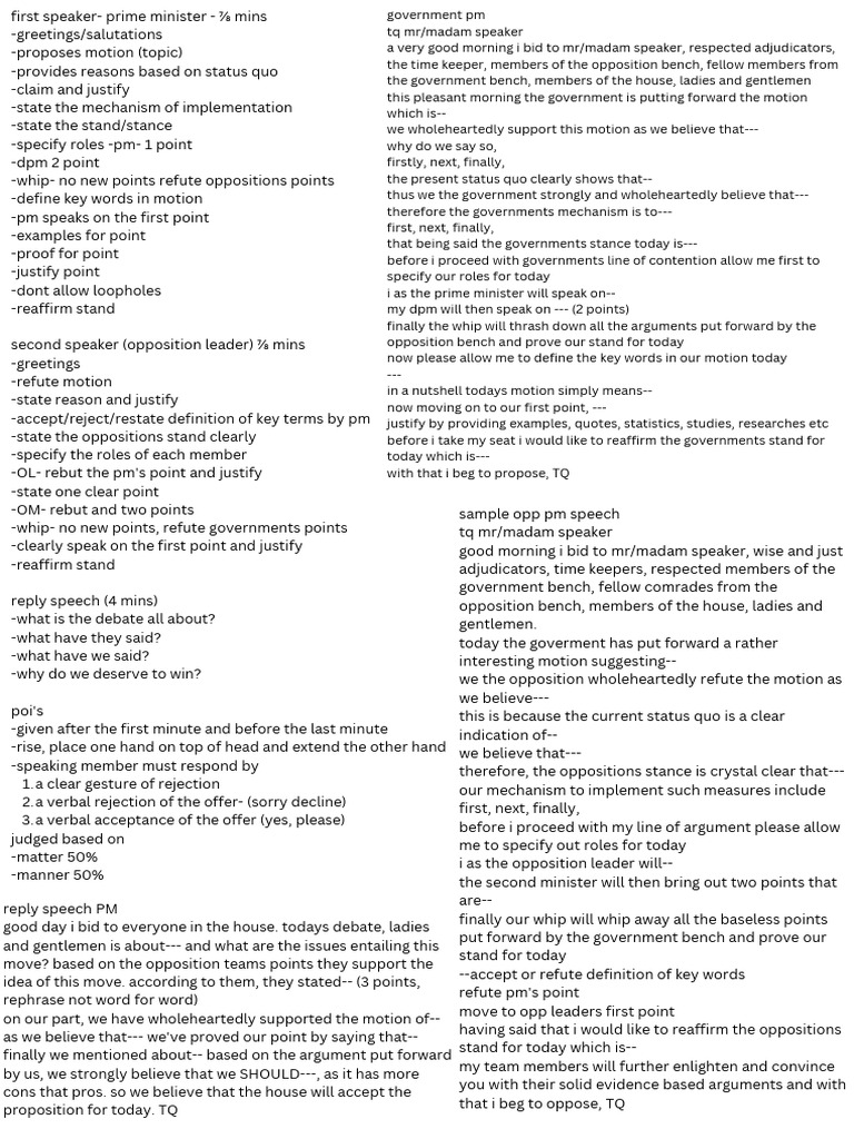 Debate Notes First Speaker - Prime Minister - Mins ...