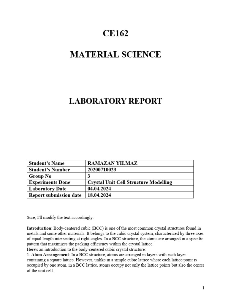 BCC Crystal Structure Analysis | PDF | Crystal Structure | Materials ...