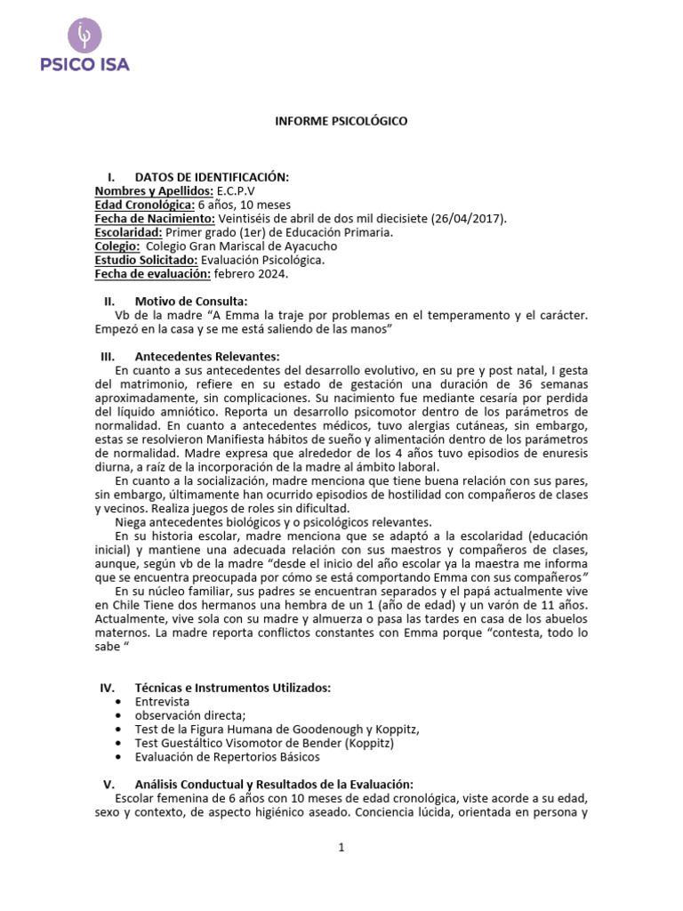 Informe Psicológico de Evaluación Infantil | PDF | Las emociones ...