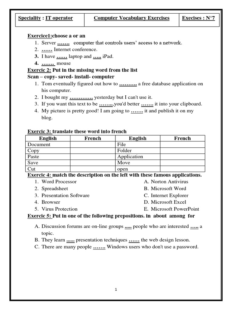 Computer Vocabulary Exercises 7 | PDF | Art | Computers