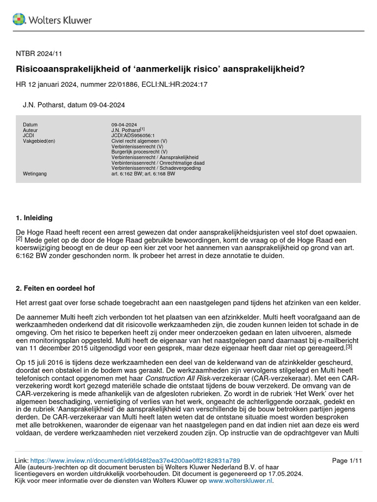 NTBR 2024 11 - Risicoaansprakelijkheid of Aanmerkelijk Risico ...
