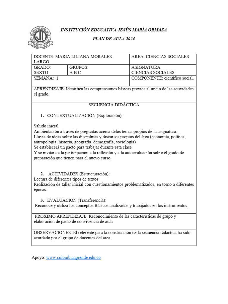 Plan de Aula 2024: Ciencias Sociales 6° | PDF | Evaluación | Maestros