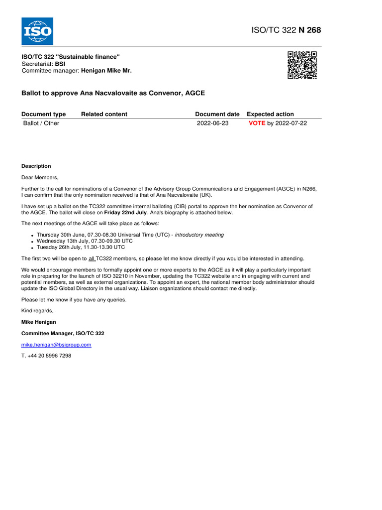 ISO-TC322 - N268 - Ballot To Approve Ana Nacvalovaite As Convenor, AGCE ...