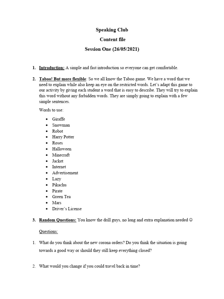 Speaking Club Session Activities | PDF