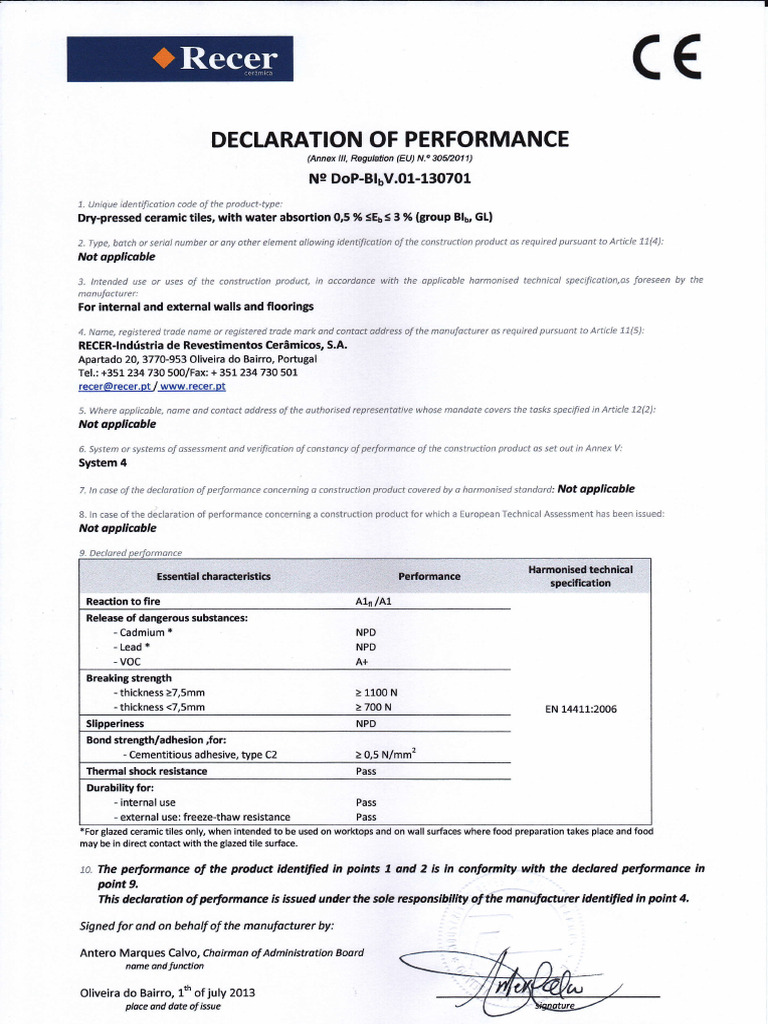 Declaration of Performance for Ceramic Tiles | PDF | Materials ...