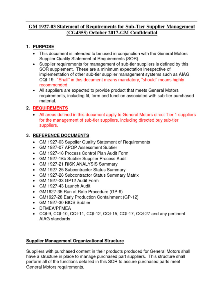 GM 1927-03 Sub-Tier Supplier Requirements | PDF | Audit | Supply Chain