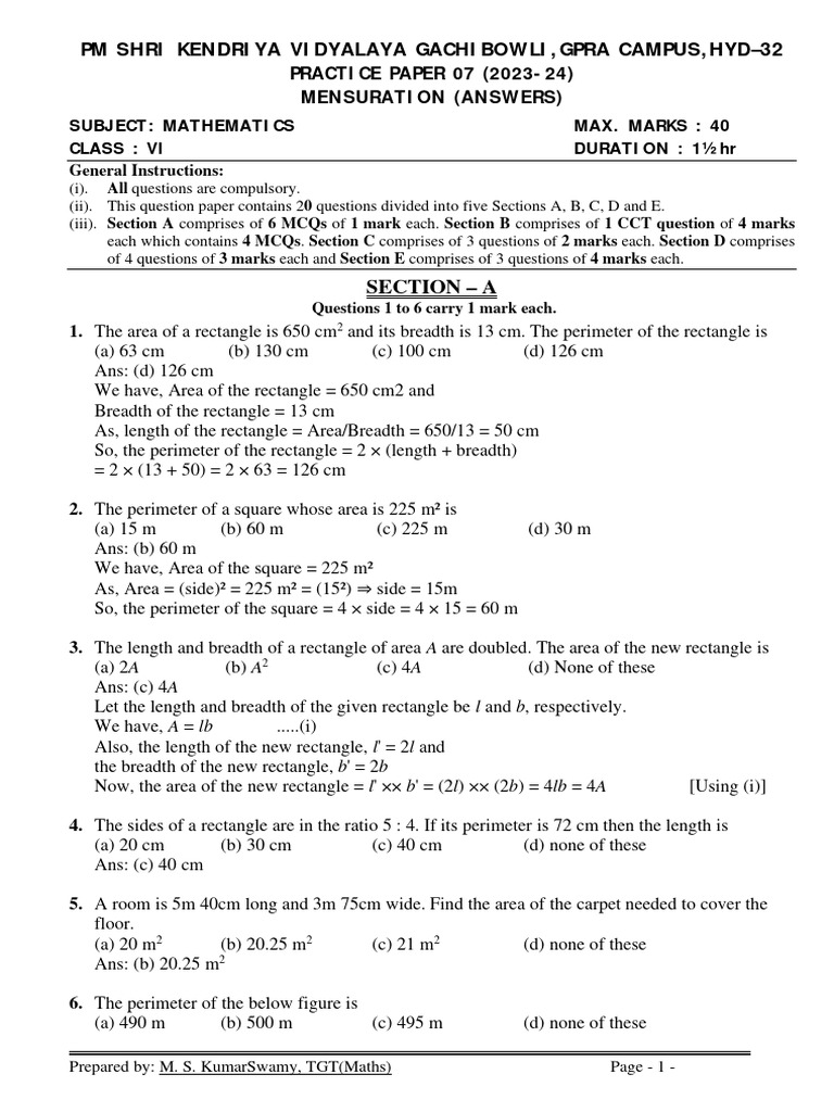 Maths Class VI Practice Test 07 Mensuration Answers | PDF | Length | Area