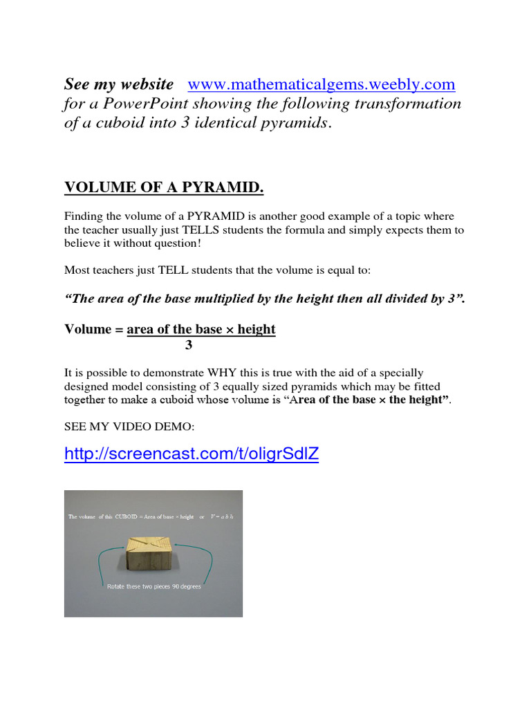 Volume Demonstrations for Cones & Pyramids | PDF | Sphere | Volume