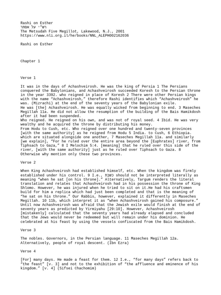 Rashi on Esther - en - The Metsudah Five Megillot, Lakewood, N.J., 2001 ...