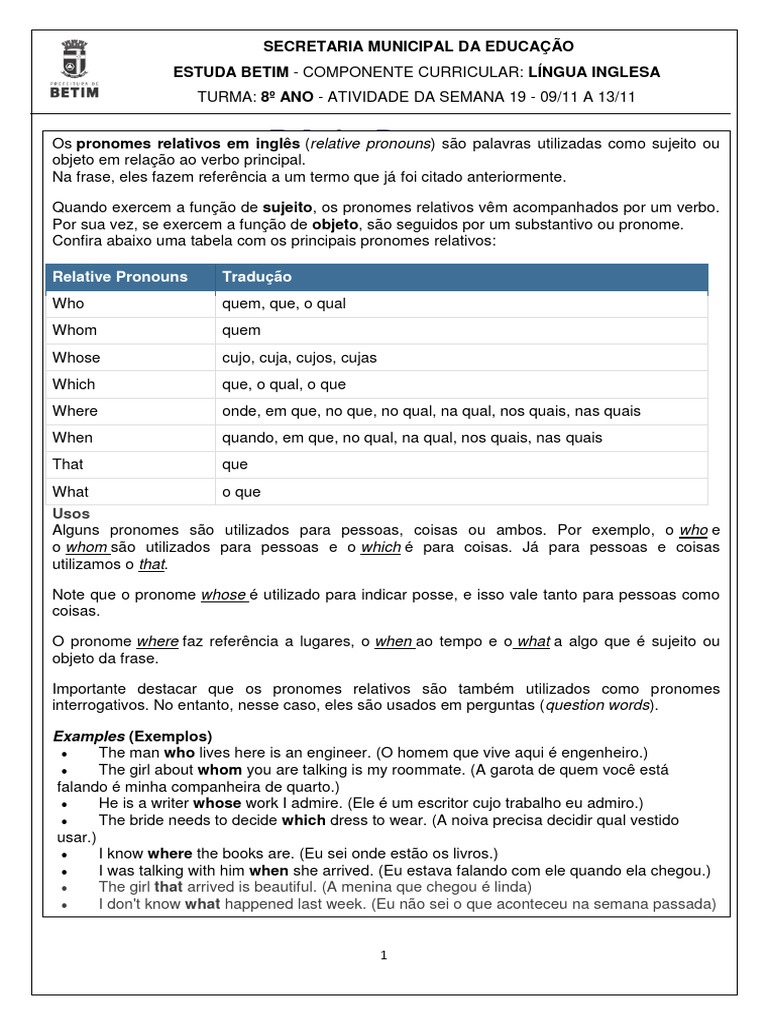 Pronomes Relativos em Inglês: Guia Completo | PDF | Pronome | Assunto ...