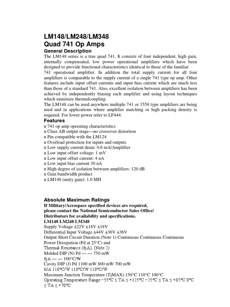 LM148 Quad 741 Op Amps Overview | PDF | Amplifier | Operational Amplifier