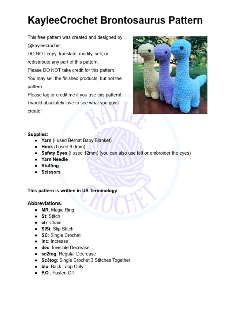 Free Brontosaurus Crochet Pattern | PDF | Crochet | Handicrafts