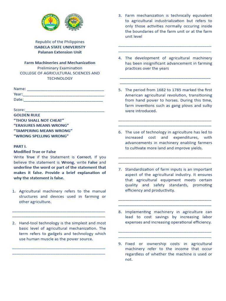 Farm Machinery Mechanization Exam | PDF | Agricultural Machinery ...