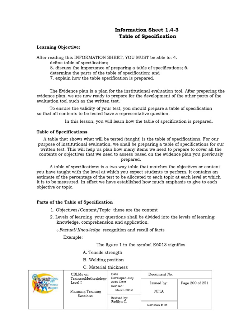 1 4 3 table of specification 1 download free pdf reading