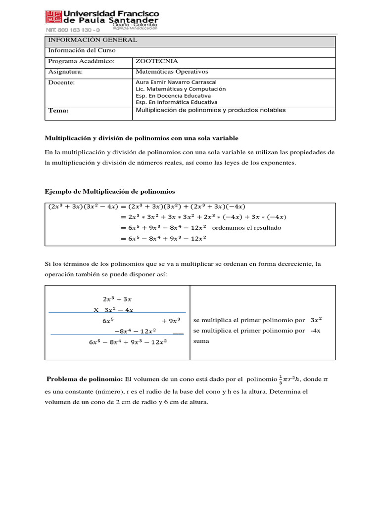 Multiplicación de Polinomios y Productos Notables | PDF ...