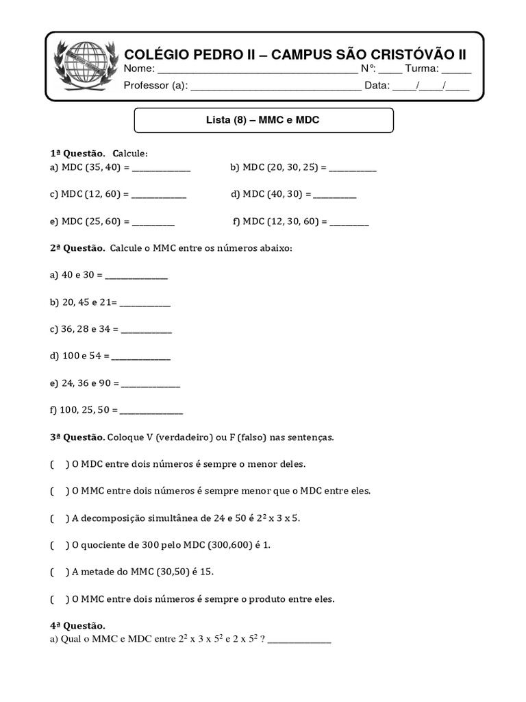 Exercícios de MMC e MDC para 6º Ano | PDF | Tempo | Avião