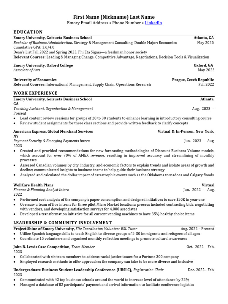 BBA Resume Template F23 2 PDF Business