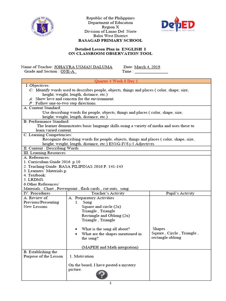 Cot English Describing Words Rhoda PDF Rectangle Teachers