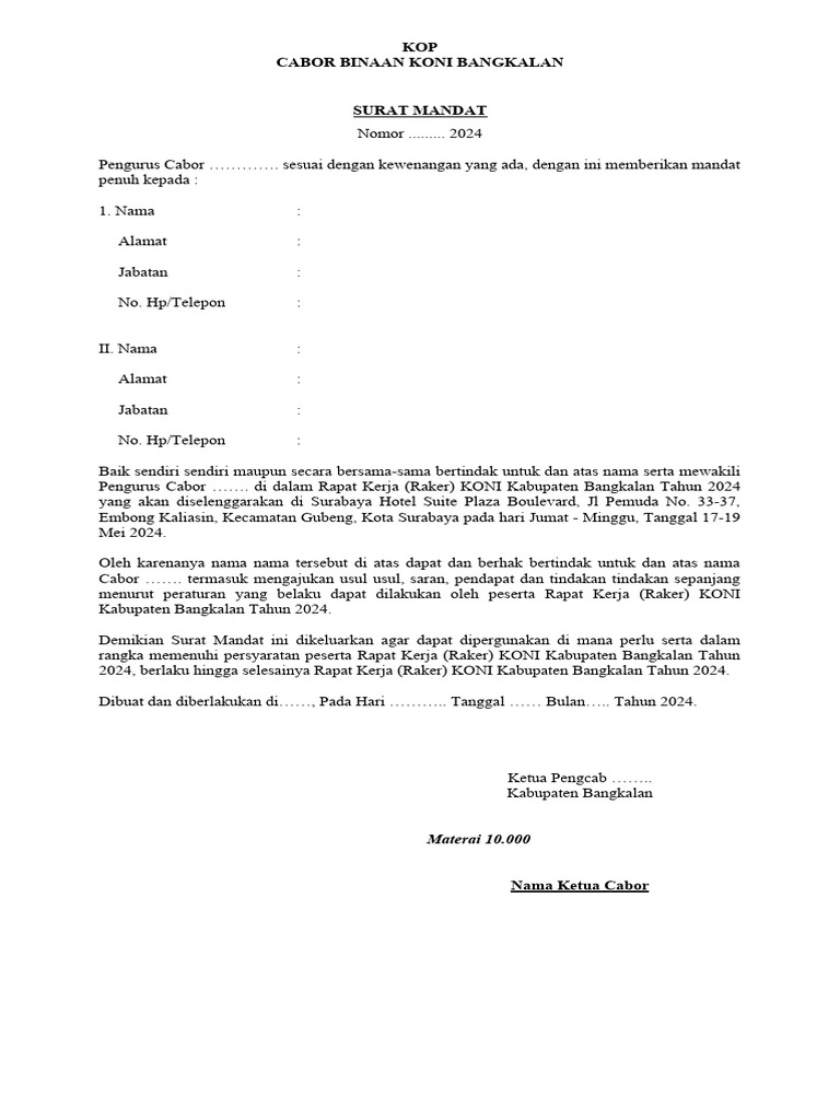 Surat Mandat Raker KONI Bangkalan 2024 | PDF