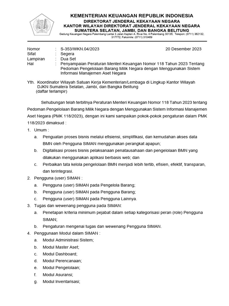 S-353 - WKN.04 - 2023 Penyampaian PMK Nomor 118 Tahun 2023 Tentang