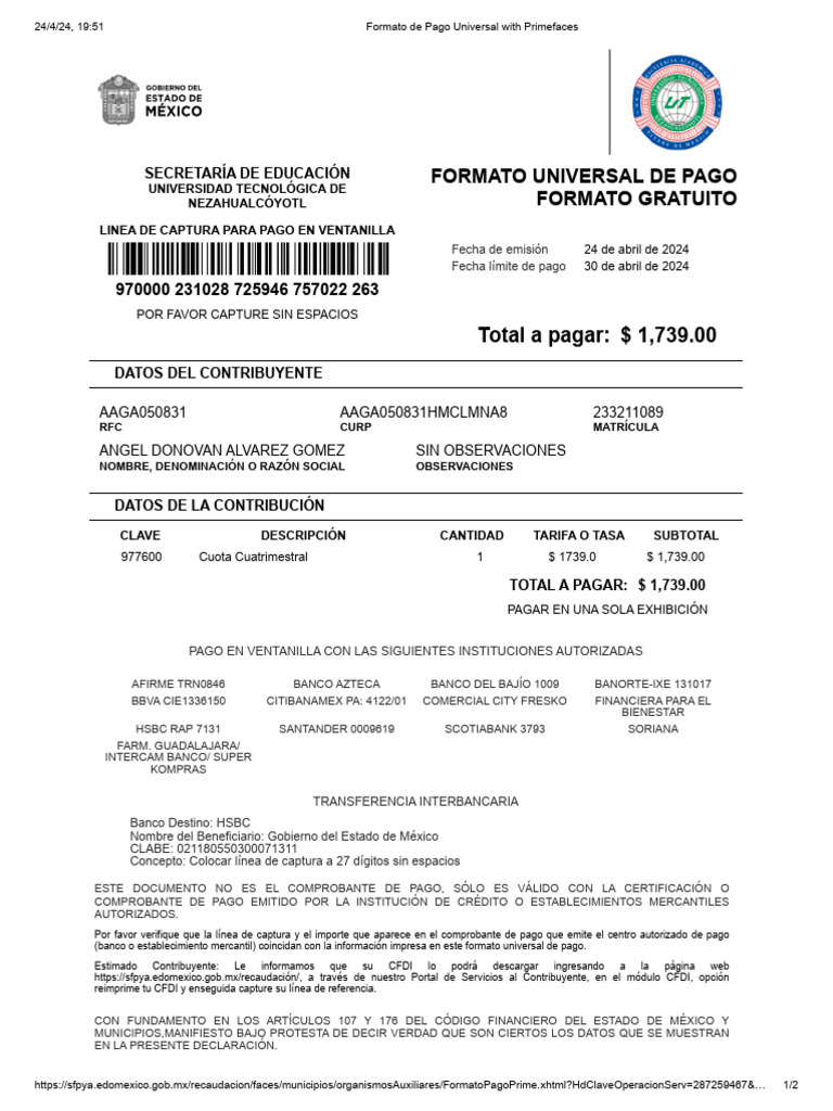 Formato de Pago Universal With | PDF | Finanzas personales | Servicios ...