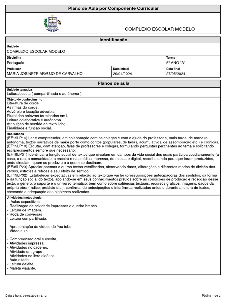 Planos de Aula Por Disciplina | PDF | Artes Linguísticas e Disciplina