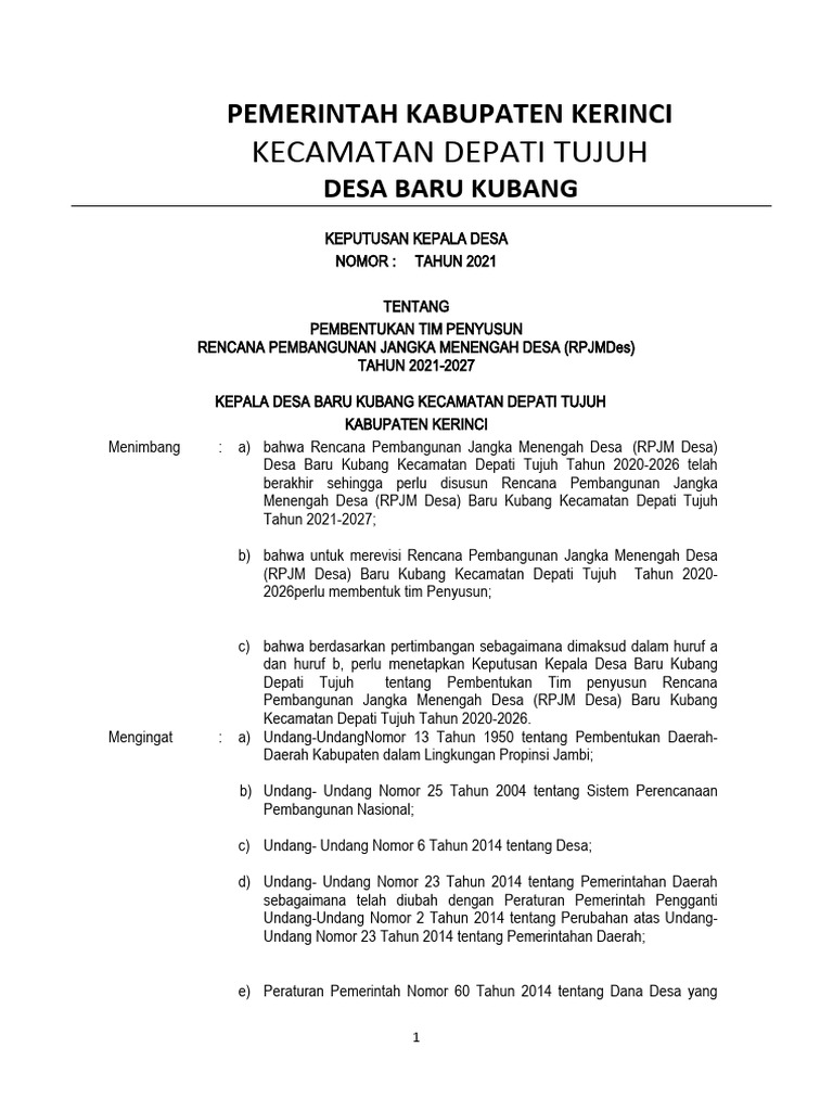 Pembentukan Tim RPJMDes Baru Kubang | PDF