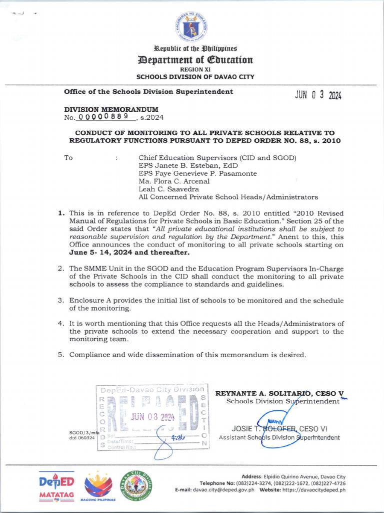 2024-DM No. 889 - CONDUCT OF MONITORING TO ALL PRIVATE SCHOOLS RELATIVE ...