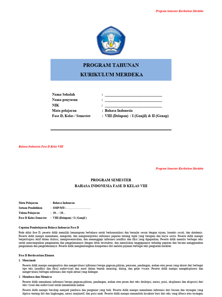 Program Semester Kurikulum Merdeka VIII | PDF