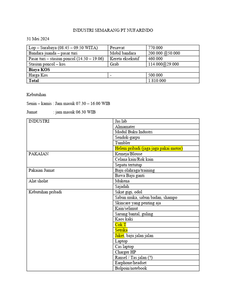 Rincian Kebutuhan PT Nufarindo Semarang | PDF