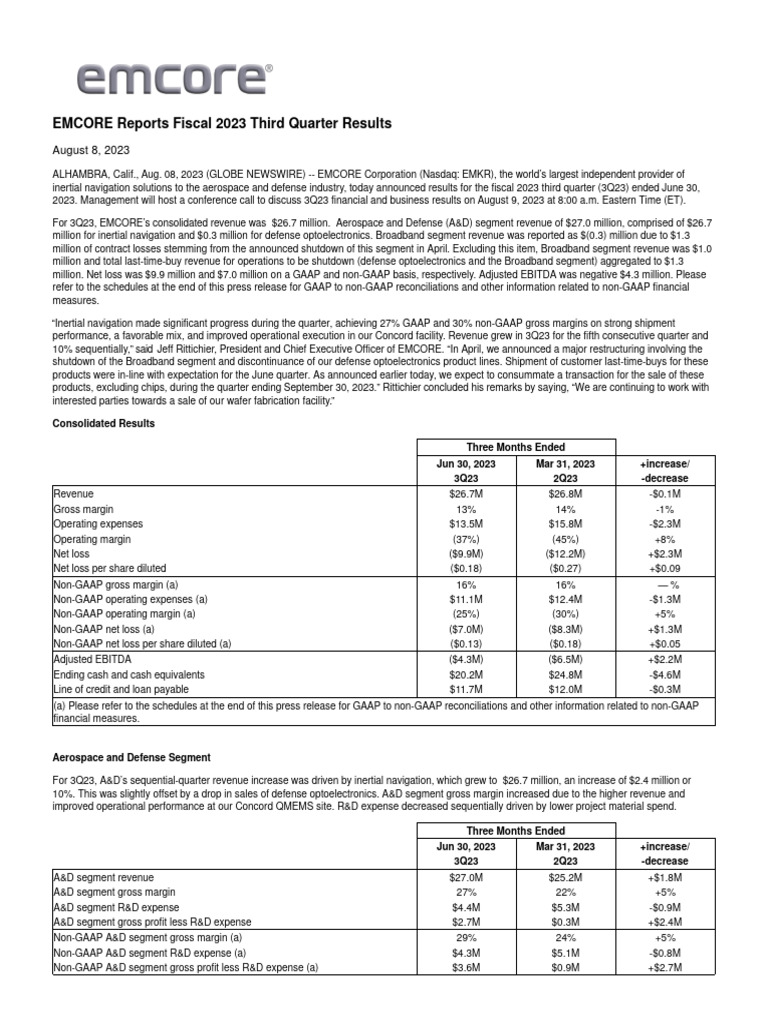 EMCORE Reports Fiscal 2023 Third Quarter Results | PDF | Equity ...