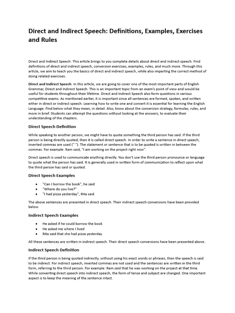 Direct and Indirect Speech Explained | PDF | Question | Speech