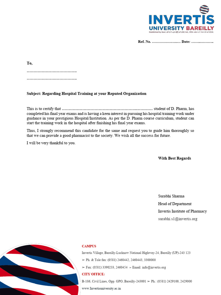 Z Templates - Traning Letter - (INVERTIS INSTITUTE OF PHARMACY) | PDF ...