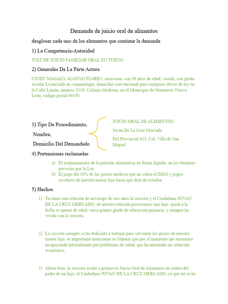 Demanda de Juicio Oral de Alimentos | Descargar gratis PDF | Demanda