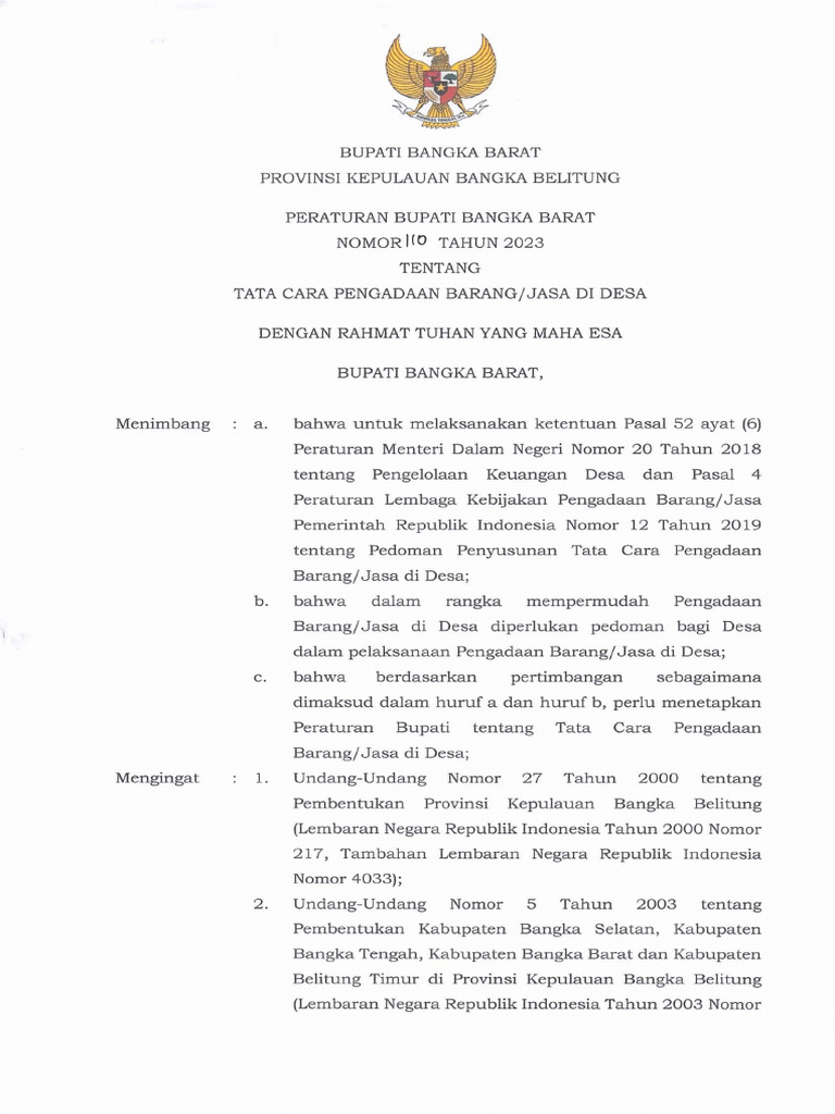 Perbup No 110 Tentang Tata Cara Pengadaan Barang Jasa Di Desa-1 | PDF