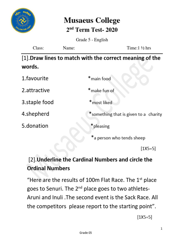 English Grade 5 Second Term Test 2021 1 Pdf Language Families