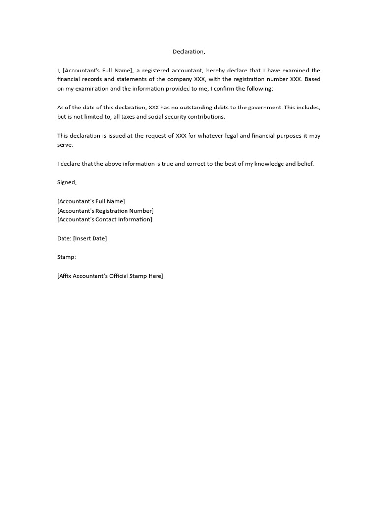 Accountant's Declaration of No Debts | PDF | Finance & Money Management ...