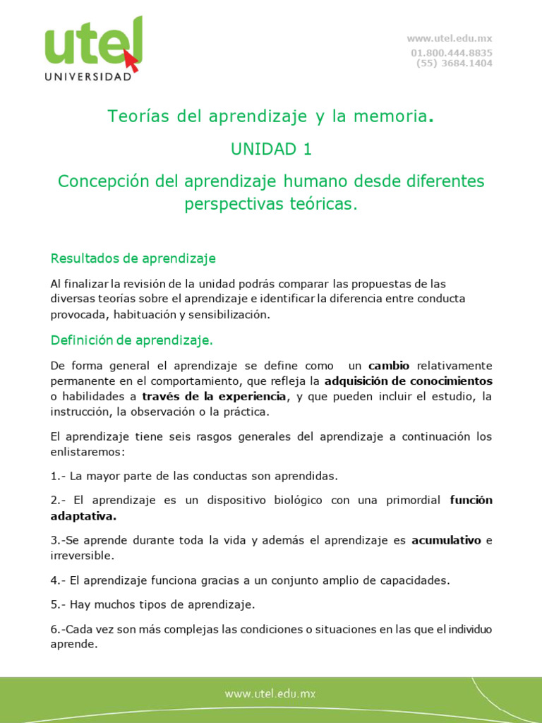 Unidad 1 Teorias de Memoria y Aprendizaje S1 | PDF | Aprendizaje | Neurona