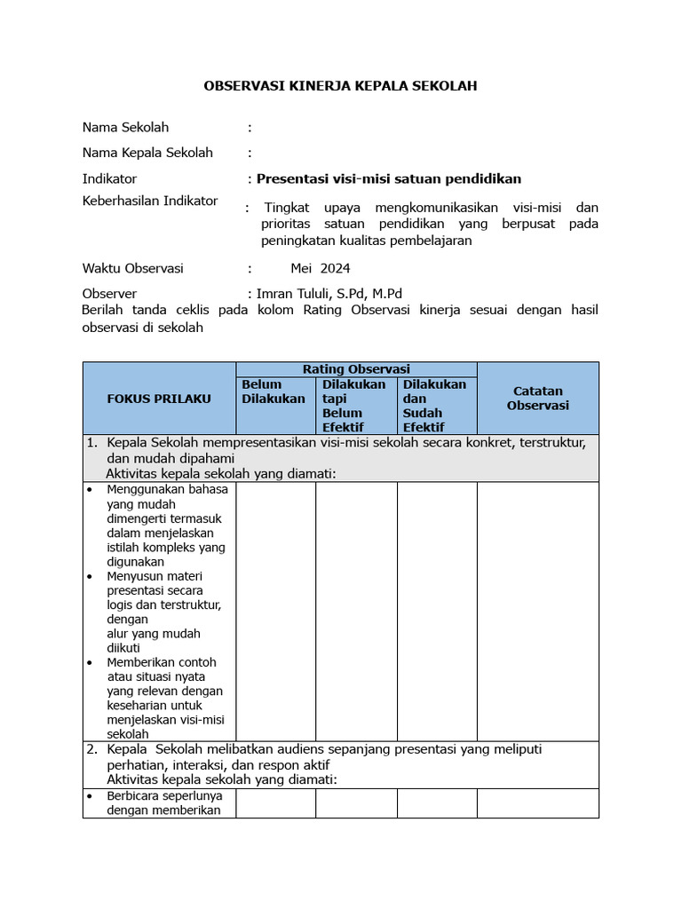 Lembar Observasi E Kinerja Kepala Sekolah Pmm Pdf