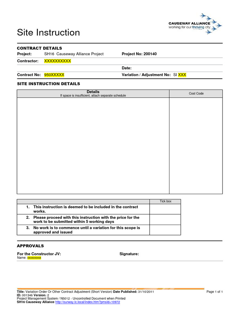 Site Instruction Template PDF Free | PDF